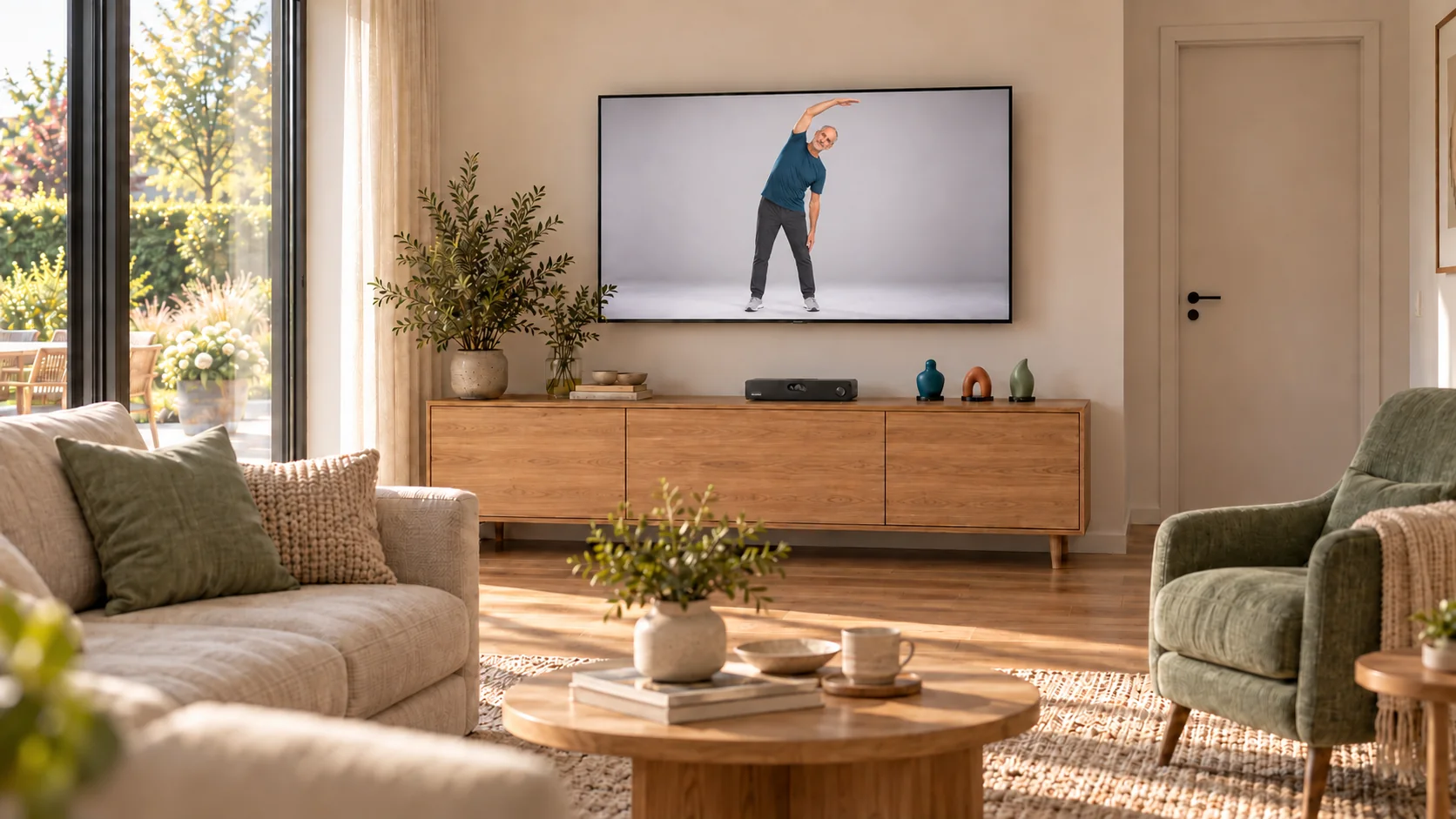 Wohnzimmer mit Fernseher: Auf dem Bildschirm macht ein Mann eine Dehnübung, darunter steht Hiptron Home mit den Figuren auf dem Sideboard